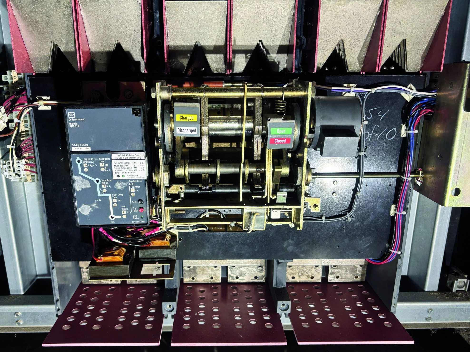Breaker internal operating mechanism exposed during inspection